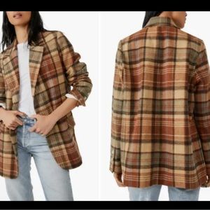 Free People Mari Heavyweight Wool Blend Neutral Brown Check Blazer Jacket Sz M